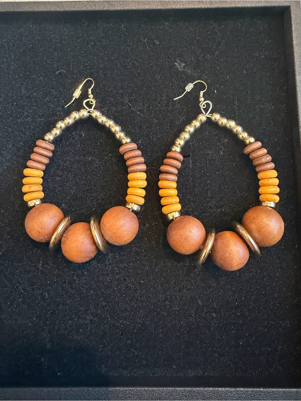 Handcrafted Wooden Bead Hoop Earrings in Brown and Mustard - Unbranded